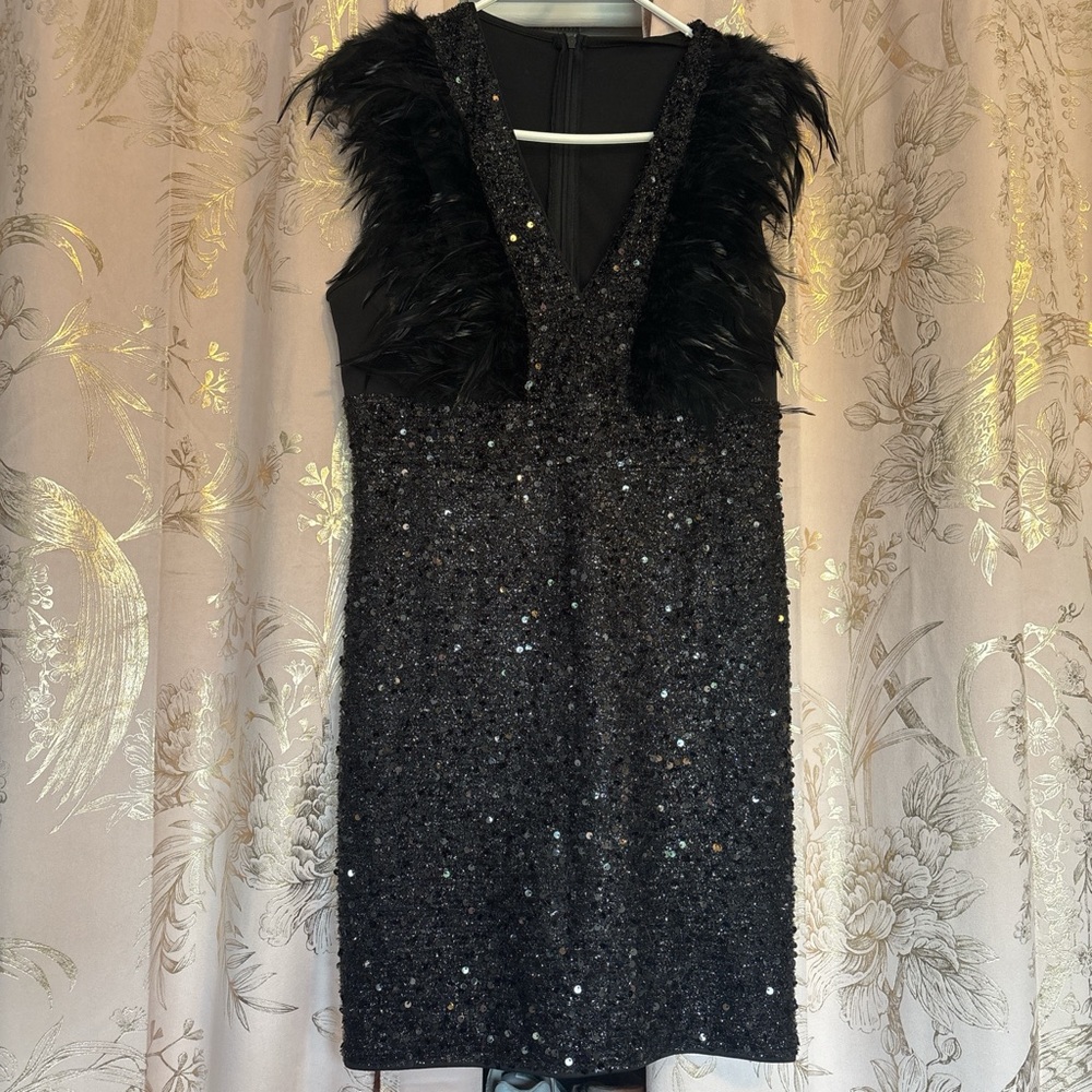 Elegant Black Sequin Dress with Feather Detail